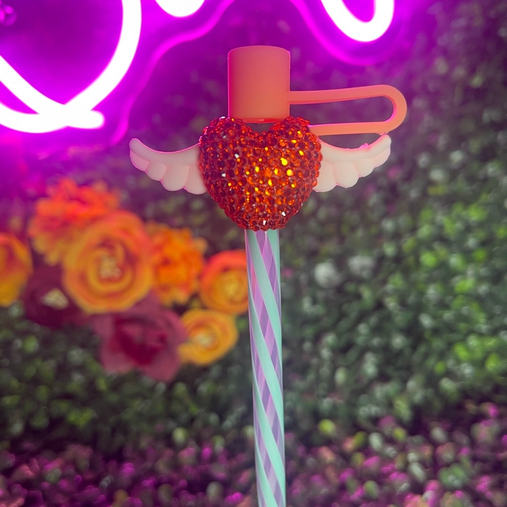 Handcrafted Orange Rhinestone Heart Straw Topper